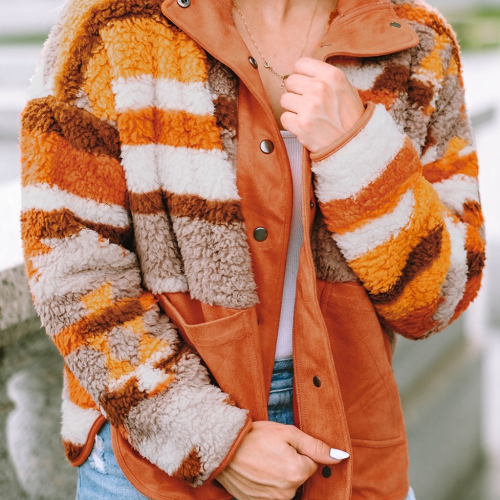 B063 Brown Quilted Patch Pocket Aztec Furry Jacket